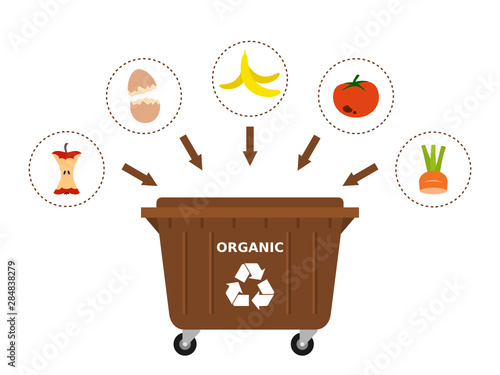 Brown trash dumpster and organic waste suitable for recycling. Recycling organic waste, compost, segregate waste, sorting garbage, eco friendly, concept.White background.Vector illustration,flat style