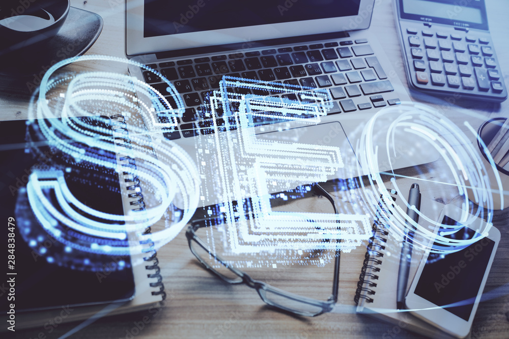 Double exposure of table with computer and seo drawing hologram. Search optimization concept. Double exposure of table with computer and seo drawing hologram. Search optimization concept.