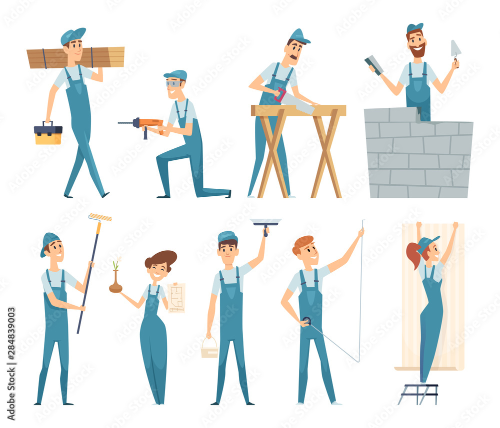 Workers. Male and female builders professional constructors at work vector mascot design. Man work construction industry, occupation foreman illustration Workers. Male and female builders professional constructors at work vector mascot design. Man work construction industry, occupation foreman illustration