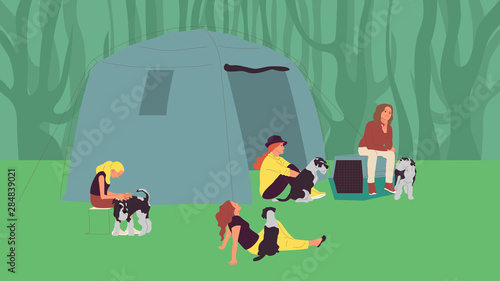 Group of girls sitting near tents with terrier dogs. Open air dog show attendants. Camping with pets. Flat style cartoon stock vector illustration..