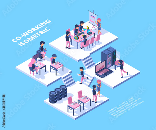 Coworking isometric. Business team freelancer professionals group meeting people working talking together vector coworking concept. Illustration business team workspace, conversation and brainstorm