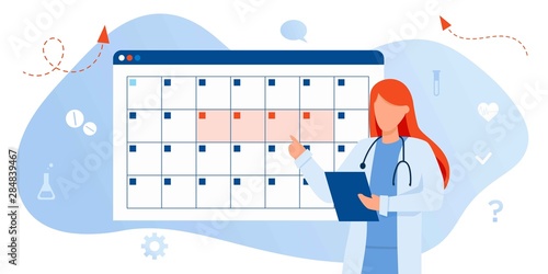 Friendly female doctor gynecologist near the calendar. work schedule, make an appointment online. Internet doctor, tele medicine, web site. Vector illustration for banner, landing page, app