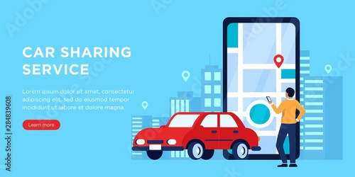 Choosing Car for Transportation Banner Vector Illustration. Application with Choice of Different Vehicles. Hand with Mobile Phone. car sharing and taxi Service. Urban Application. City Navigation