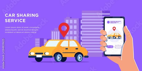 Choosing Car for Transportation Banner Vector Illustration. Application with Choice of Different Vehicles. Hand with Mobile Phone. car sharing and taxi Service. Urban Application. City Navigation
