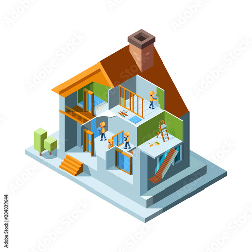 House renovation. Repair rooms walls floor in residential buildings home workers with equipment installing construct vector isometric. Renovation building, repair house interior illustration