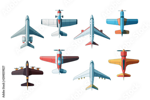 Aircraft top view. Civil and military airplanes collection in flat style vector pictures. Illustration plane jet, fighter and aeroplane