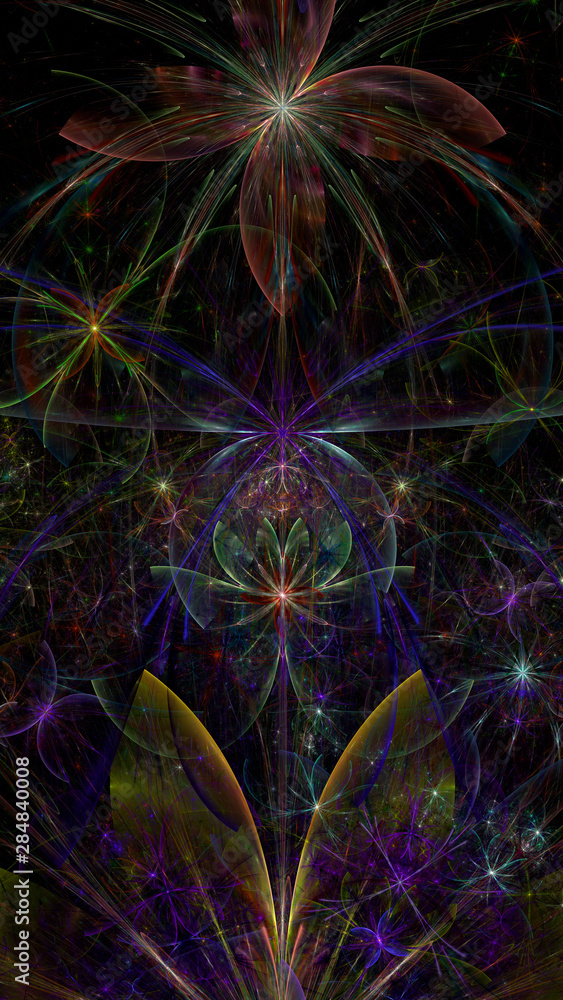 Abstract fractal background with a large star like space flowers intricate decorative stars, all in glowing red,green,violet Abstract fractal background with a large star like space flowers intricate decorative stars, all in glowing red,green,violet