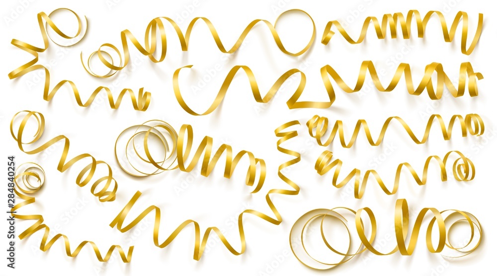 Obraz premium Set of realistic gold ribbons on white background. Vector illustration. Can be used for greeting card, holidays, banners, gifts and etc.