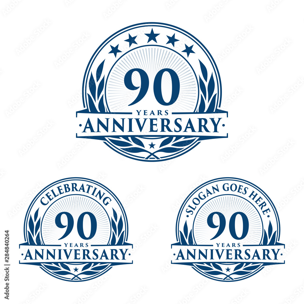 90 years anniversary logo set. 90th years anniversary celebration logotype. Vector and illustration.