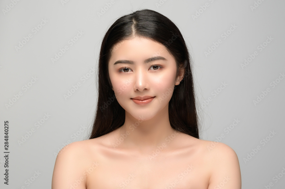 Beautiful young woman asian with clean perfect skin. Portrait model natural make up. Spa, skincare and health wellness Beautiful young woman asian with clean perfect skin. Portrait model natural make up. Spa, skincare and health wellness