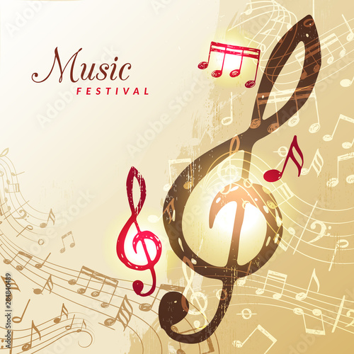 Music notes background. Festival instrument song sound stave treble clef vector illustration. Sound musical, treble key, melody classical
