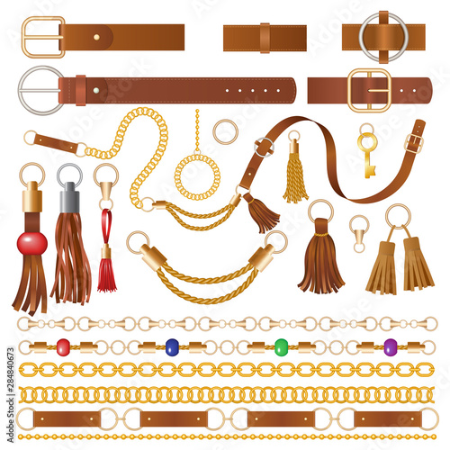 Leather elements. Fabric decoration for clothes luxury chains straps and embroidery braided details vector illustrations. Fringe and leather bracelet, strap embroidery