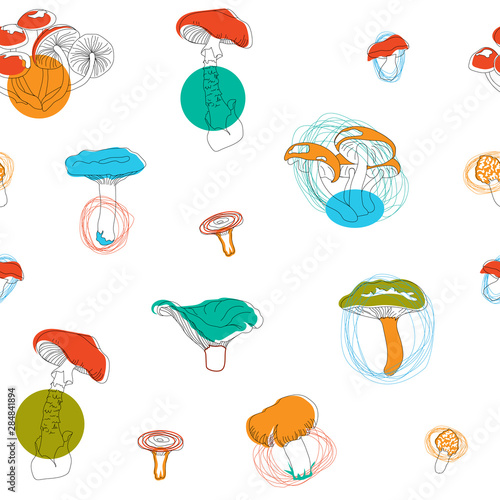 Cartoon children`s background. Seamless petern with funny mushrooms on a white background. Light pattern for fabric, paper, tiles. Vector illustration photo