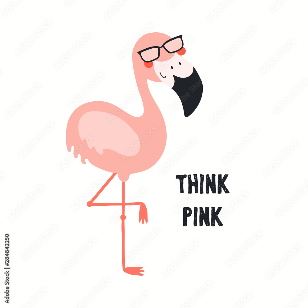Hand drawn vector illustration of a cute funny flamingo in sunglasses, with quote Think Pink. Isolated objects on white background. Flat style design. Color drawing. Concept for summer children print. Hand drawn vector illustration of a cute funny flamingo in sunglasses, with quote Think Pink. Isolated objects on white background. Flat style design. Color drawing. Concept for summer children print.