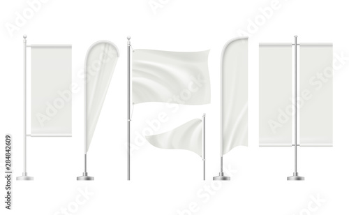 Beach flag. Advertizing blank surface promotion signboard retail markets banners vector realistic mockup collection. Illustration of display advert, flag billboard