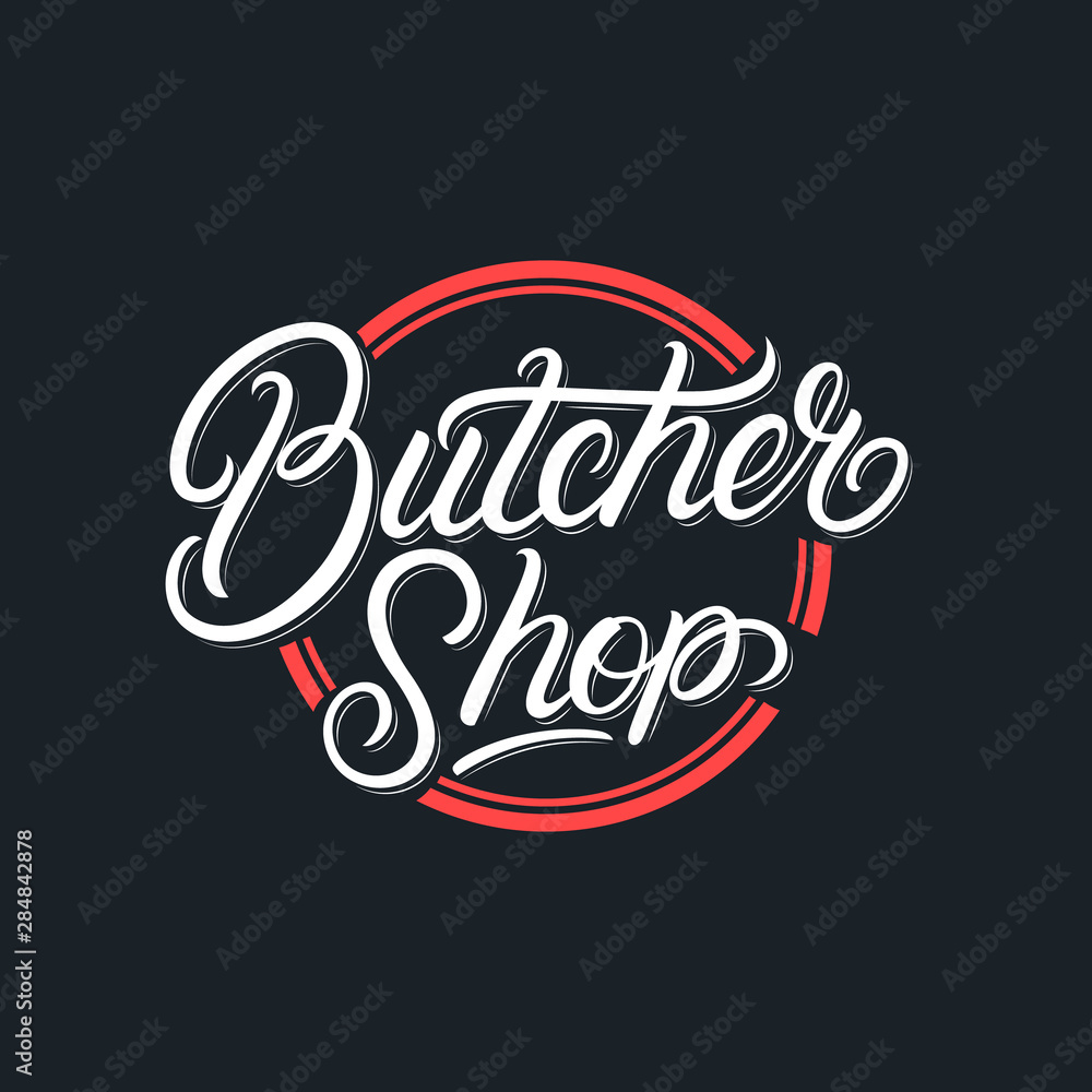 Fototapeta Butcher shop emblem. Butchery store advertising design element. Meat shop typography. Vector vintage illustration.