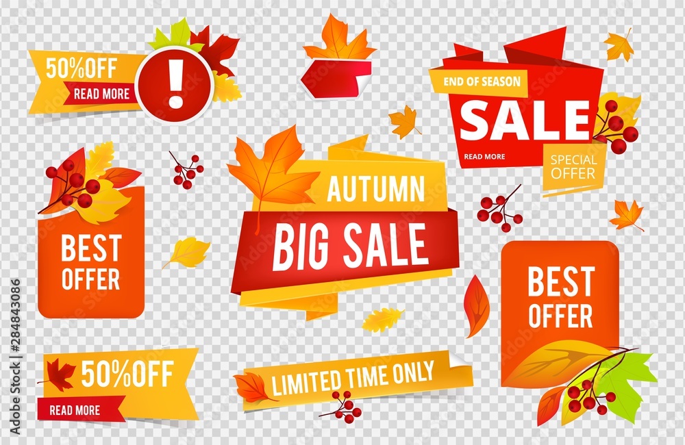 Autumn sale badges collection. Fall sales vector banners labels with red orange leaves isolated on transparent background. Illustration autumn sale badges with leaf and rowan