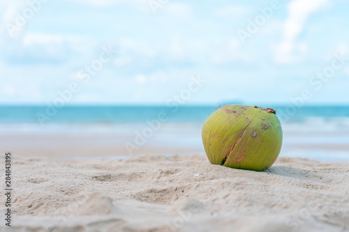 The coconut is placed on a sand pile on the beach with a background of sea and sky. Summer concept, leisure and tourism
