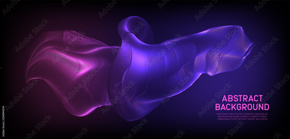 Blue and Purple Wavy Particle Shape on Black Background. Cyber Space Background. Abstract Technology. Science Banner. Vector Illustration.