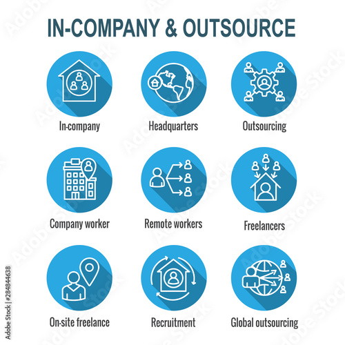 In-Company and Outsource Icon Set with headquarters, and freelancers, etc