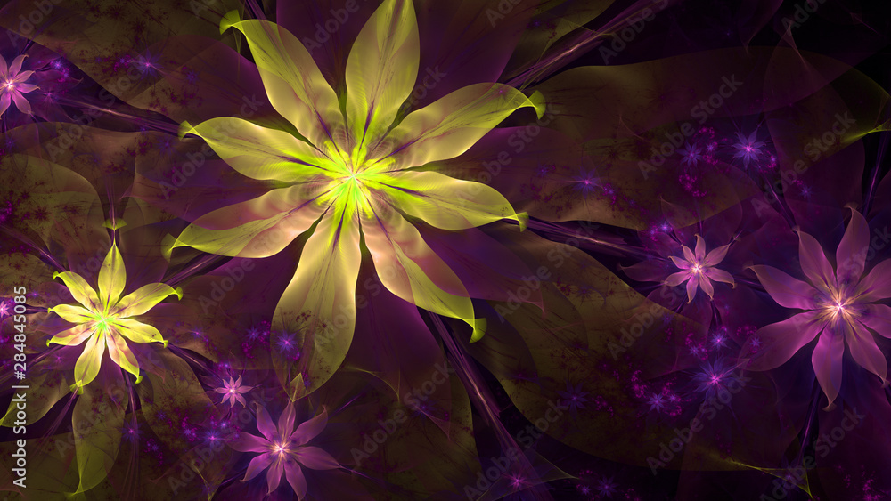 Abstract fractal background with large star like space flower with intricate decorative geometric pattern and intricate petals, all in glowing pink,green,yellow