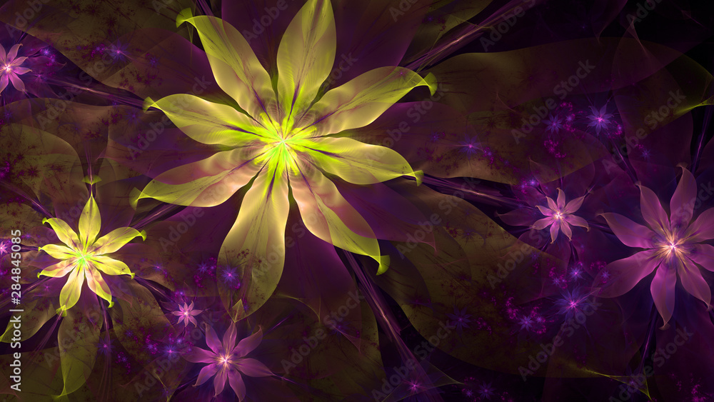 Abstract fractal background with large star like space flower with intricate decorative geometric pattern and intricate petals, all in glowing pink,green,yellow Abstract fractal background with large star like space flower with intricate decorative geometric pattern and intricate petals, all in glowing pink,green,yellow