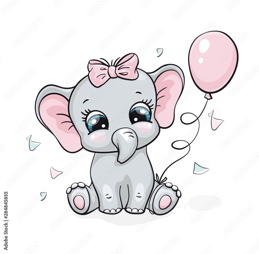 Elephant, baby cute print. Sweet tiny girl with bow, ballon, confetti. Cool african animal illustration Elephant, baby cute print. Sweet tiny girl with bow, ballon, confetti. Cool african animal illustration