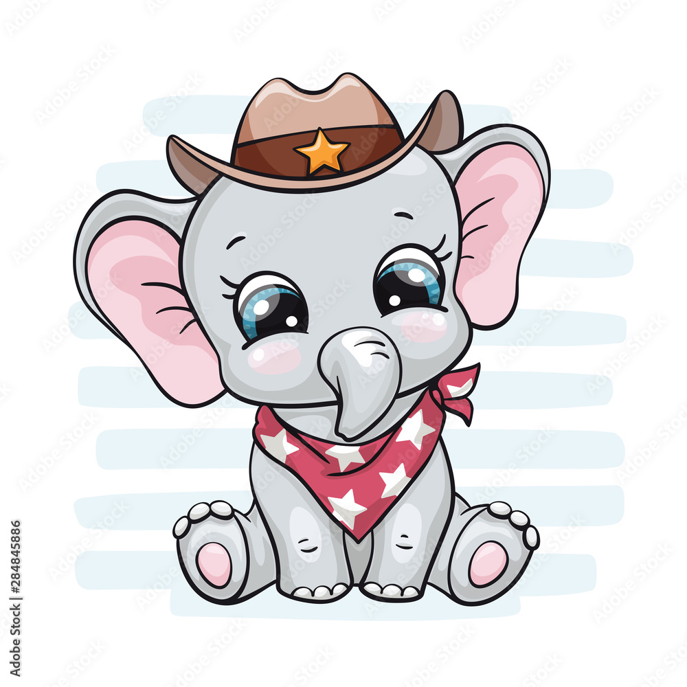 Fototapeta premium Elephant, baby cute print. Sweet tiny cowboy with hat, scarf, strips. Cool african animal illustration