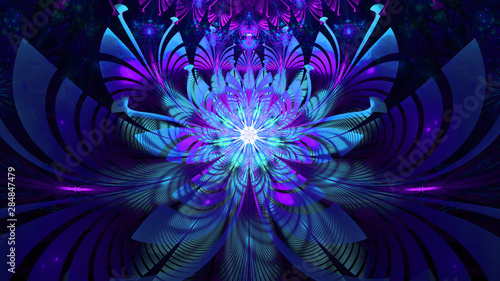 Abstract fractal background with large star like space flower with intricate decorative geometric pattern and intricate petals, all in glowing purple,pink,blue