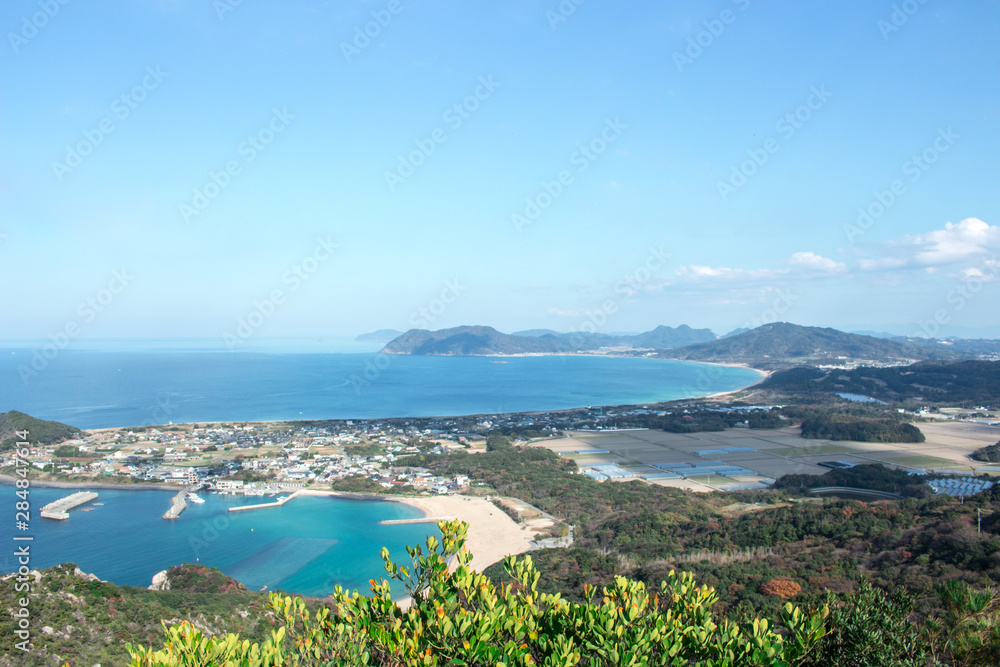 Landscape of Itoshima from mountain in Itoshima, Fukuoka, Japan. In image, there are small islands in the sea of Genkai.