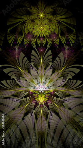 Abstract fractal background with large star like space flower with intricate decorative geometric pattern and intricate petals  all in glowing green yellow pink