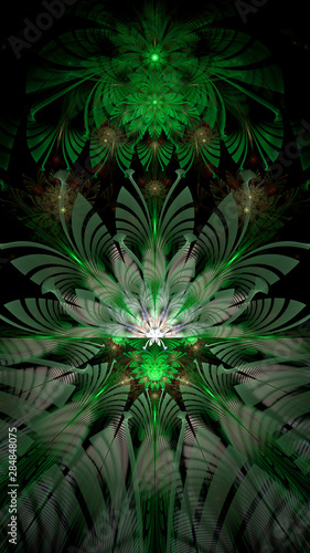 Abstract fractal background with large star like space flower with intricate decorative geometric pattern and intricate petals  all in glowing green red yellow