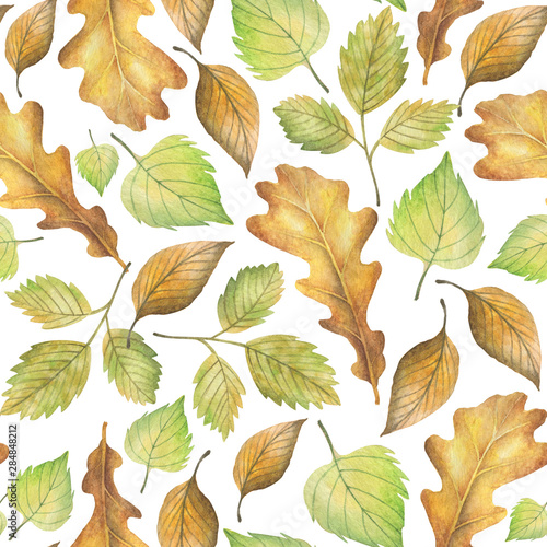 Seamless watercolor pattern of autumn leaves.