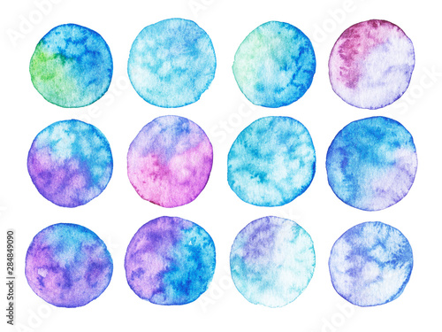 Set of watercolor abstract spots in blue and purple colors.