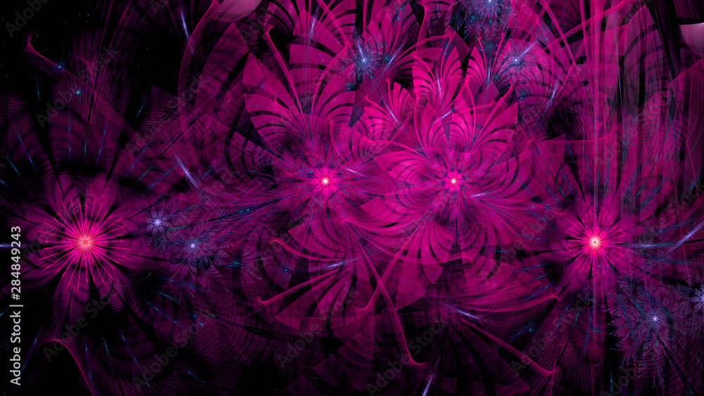 Abstract fractal background with a large star like space flowers intricate decorative stars, all in glowing pink,blue,violet