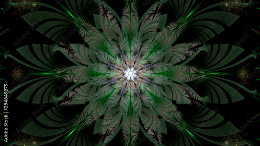 Abstract fractal background with large star like space flower with intricate decorative geometric pattern and intricate petals, all in glowing pink, green Abstract fractal background with large star like space flower with intricate decorative geometric pattern and intricate petals, all in glowing pink, green