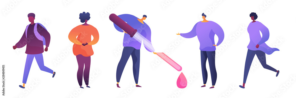 Fototapeta premium Students and teachers flat vector illustrations set. Young men and african american women cartoon characters. College education, pupil with rucksack. Guy holding huge pipette, scientific experiment