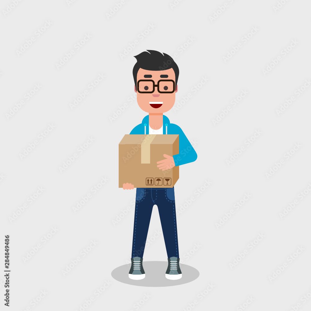 A young happy man holding a cardboard box. Delivery service concept. Moving day concept. Casually dressed character with closed packaging box. Vector illustration, flat style, clip art. A young happy man holding a cardboard box. Delivery service concept. Moving day concept. Casually dressed character with closed packaging box. Vector illustration, flat style, clip art.