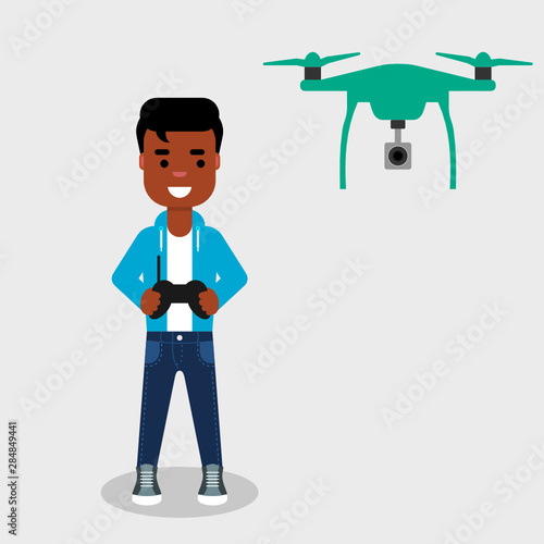 Young African American man flying drone with remote control. Smiling character controls aerial drone with a camera. Operating a drone to take pictures or video.Vector illustration, flat style,clip art