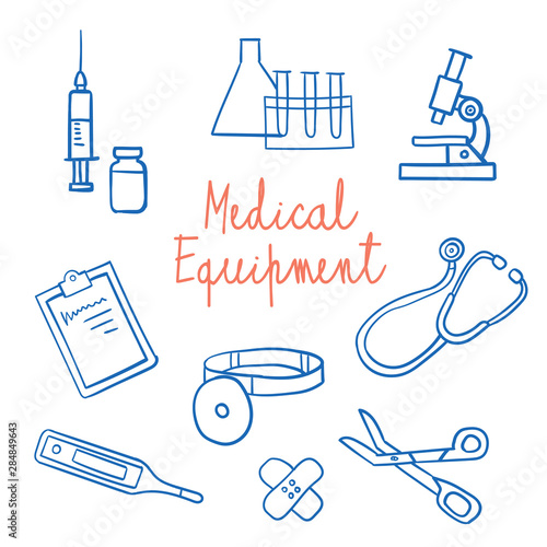 Linear icon set with medical equipment like syringe, beakers, microscope, thermometer, patch, prescription, stethoscope, frontal reflector isolated on white background.