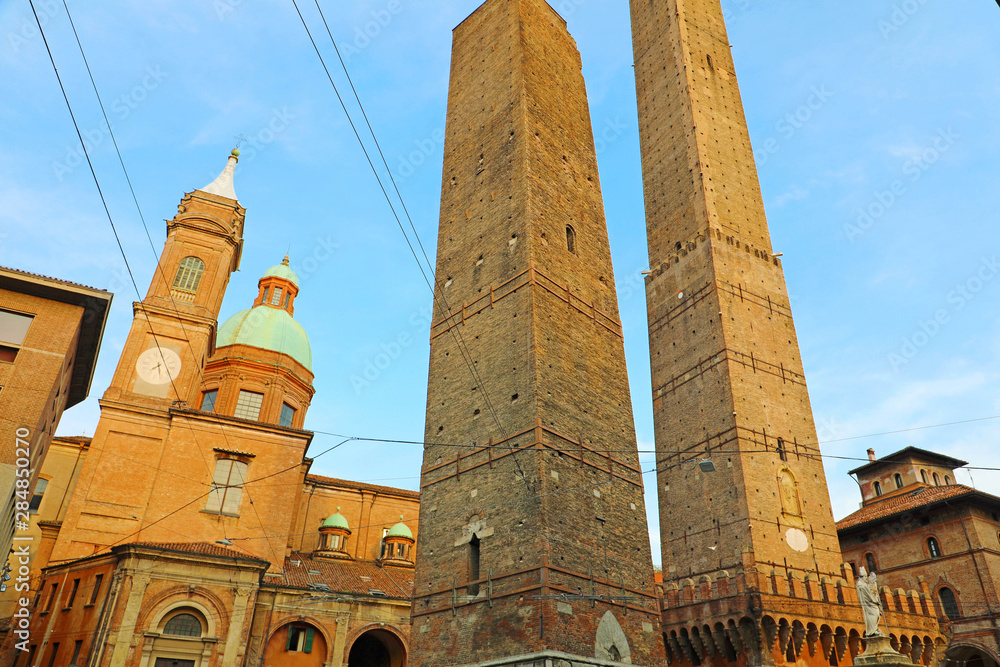 Asinelli and Garisenda towers Bologna landmark, Italy.