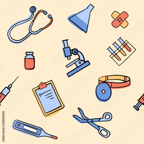 Colorful vector seamless pattern with medical equipment like syringe, stethoscope, thermometer, flasks, plaster, scissors, prescription blank, frontal reflector.
