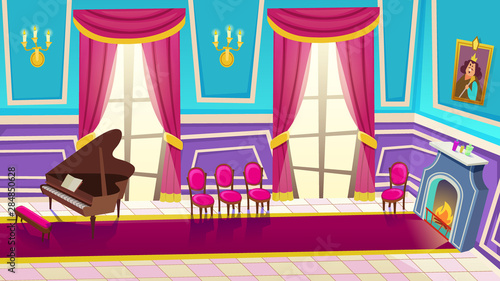 Empty Castle Music Hall Interior with Grand Piano.