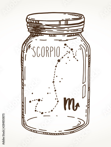 Scorpio Zodiac sign hand drawn constellation in a mason jar