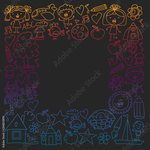 Painted by hand style pattern on the theme of childhood. Vector illustration for children design. Drawing with colored chalk on a school blackboard.