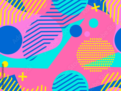 Geometric seamless pattern in memphis and pop art style. Point geometric shapes. Modern trend background. Vector illustration