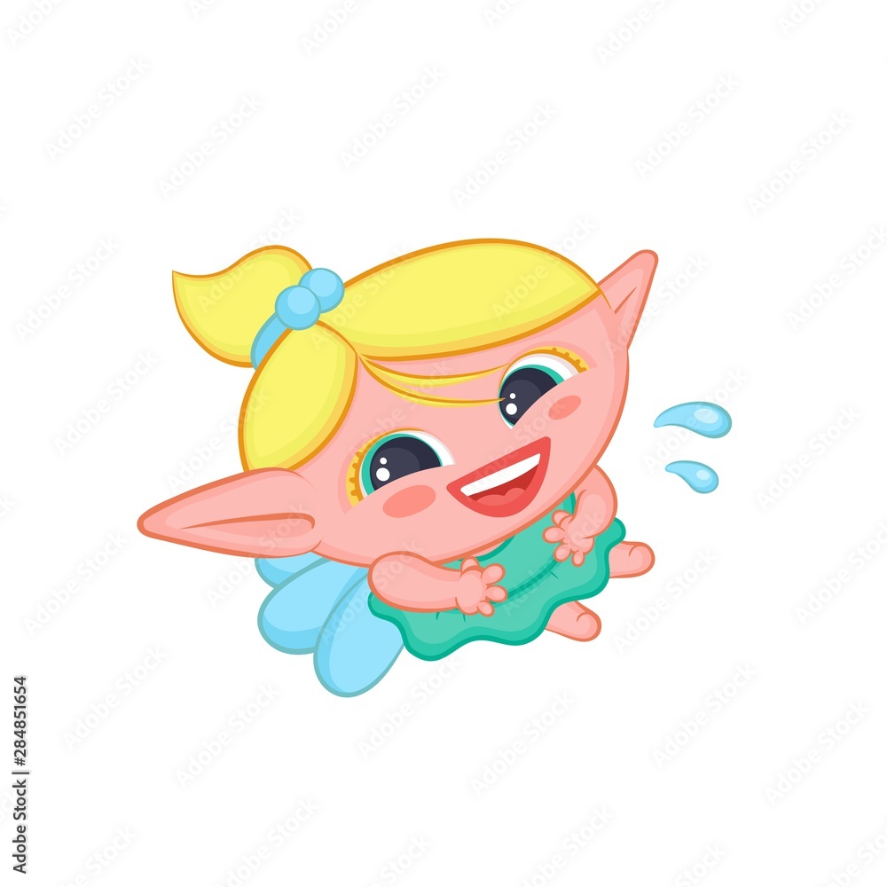 Nickers elf fairy with wings. Cute laughing blond girl sorceress in dress vector fantastic character isolated cartoon illustration. Nickers elf fairy with wings. Cute laughing blond girl sorceress in dress vector fantastic character isolated cartoon illustration.