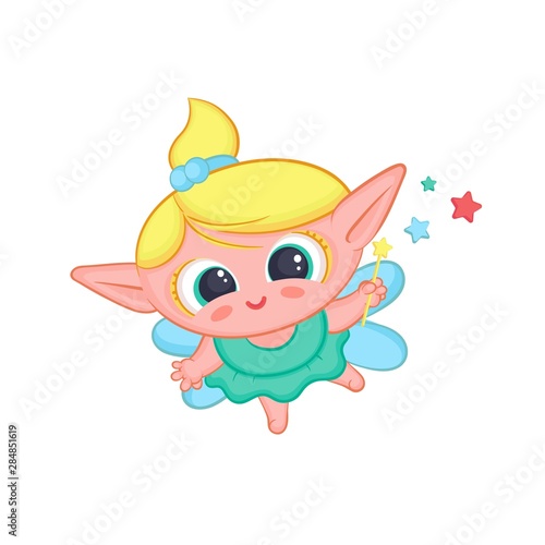 Happy elf fairy with wings. Cute blond girl good sorceress in dress and with magic wand conjuring stars vector fantastic character isolated cartoon illustration.