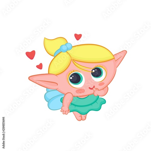 Lover elf fairy with wings. Cute blond girl sorceress in dress confesses of love vector fantastic character isolated cartoon illustration.