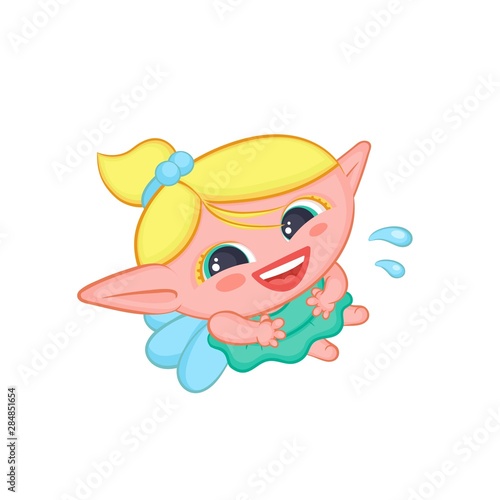 Nickers elf fairy with wings. Cute laughing blond girl sorceress in dress vector fantastic character isolated cartoon illustration.